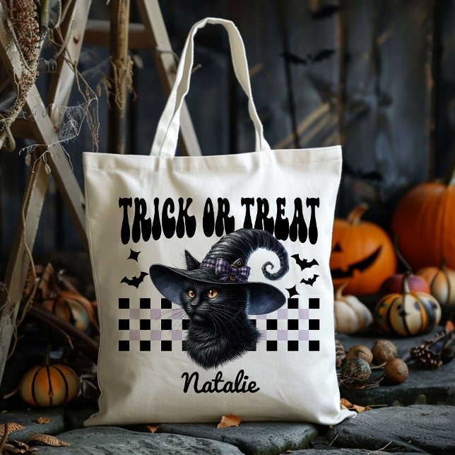 Personalized Witch Black Cat Trick Or Treat Candy Tote Bag (Creator Uploaded)
