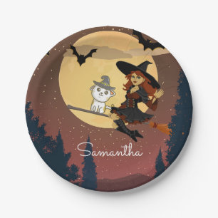 Personalized Witch Cat Happy Halloween Name Paper Plates
