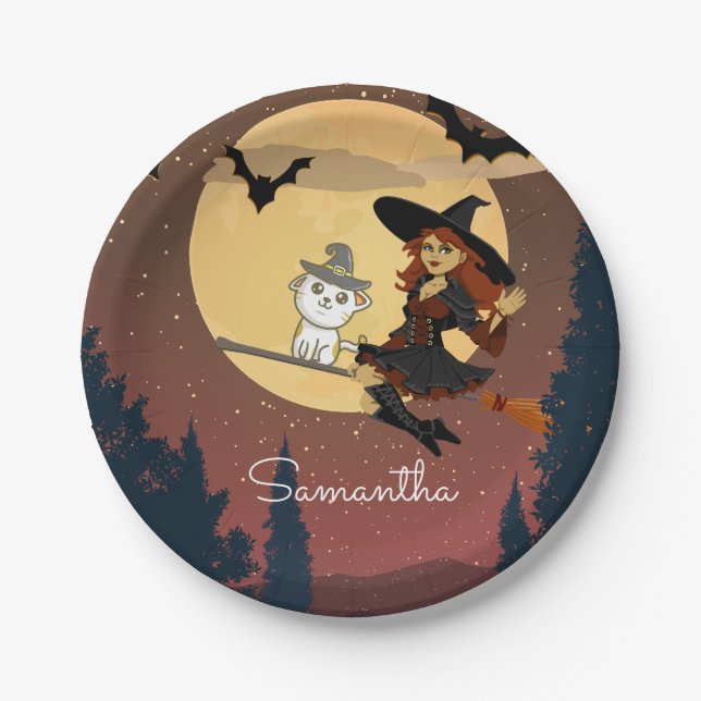 Personalized Witch Cat Happy Halloween Name Paper Plates (Front)