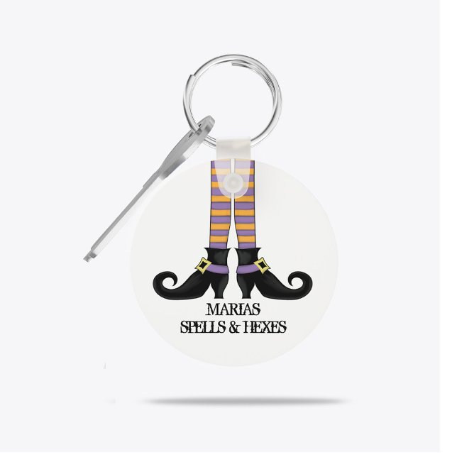 Personalized Witch Halloween Spells Cute Keychain (Personalized witch Halloween keychain with striped stockings and curled witch shoes.)
