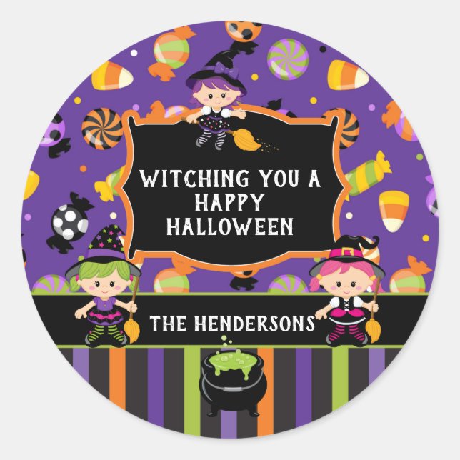 Personalized Witch Happy Halloween Classic Round Sticker (Front)