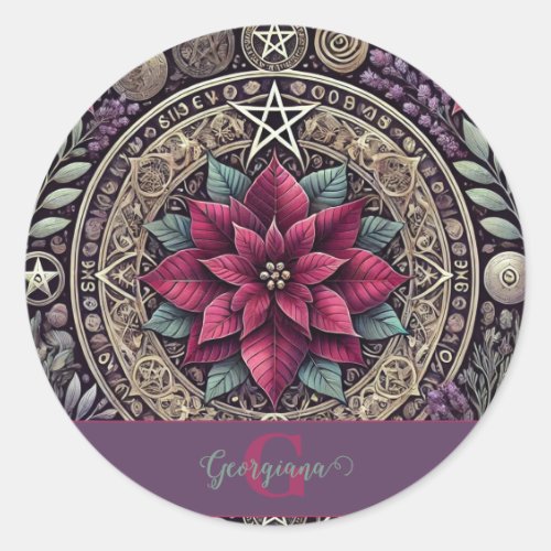 Personalized Witchy Poinsettia Pentagram Mandala Classic Round Sticker