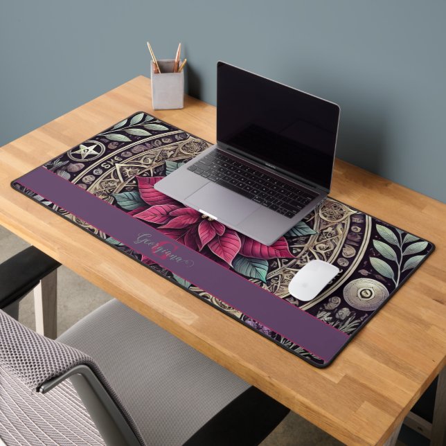Personalized Witchy Poinsettia Pentagram Mandala Desk Mat (Office 2)