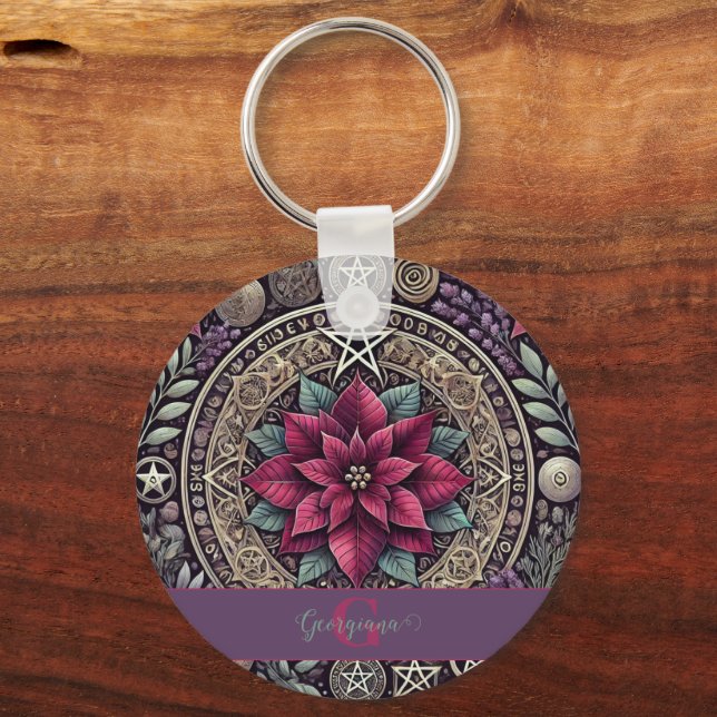 Personalized Witchy Poinsettia Pentagram Mandala Keychain (Front)