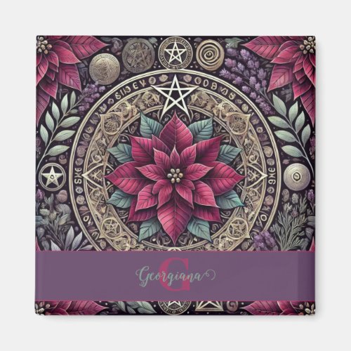 Personalized Witchy Poinsettia Pentagram Mandala Magnet