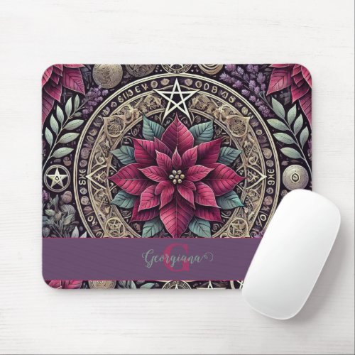 Personalized Witchy Poinsettia Pentagram Mandala Mouse Pad