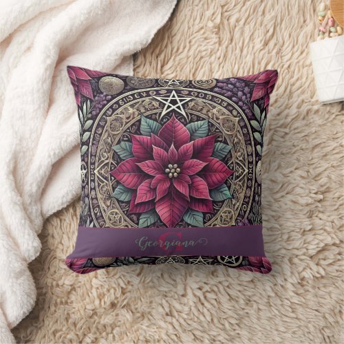 Personalized Witchy Poinsettia Pentagram Mandala Throw Pillow
