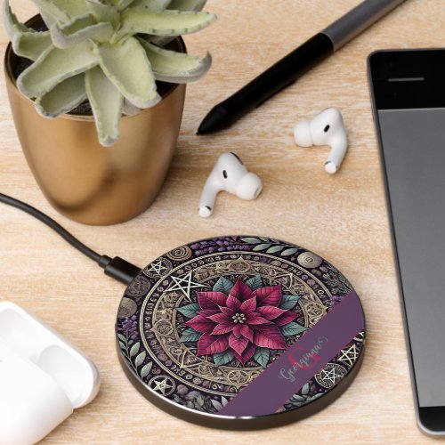 Personalized Witchy Poinsettia Pentagram Mandala Wireless Charger