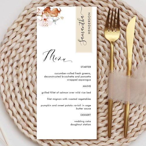 Personalized with Guest Name Beige Earthy Blooms Menu