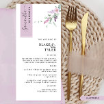 Personalized with Guest Name, Lilac Floral Wedding Menu<br><div class="desc">Why spend in place cards and menu cards when you can have an elegant All-in-one elegant Menu personalized with each guest's name? Contemporary, simple, and stylish design with beautiful modern handwritten calligraphy details and delicate floral with dusty purple, mauve, lilac, and lavender blooms. The stripe on the top left corner...</div>