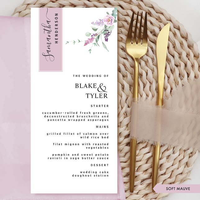 Personalized with Guest Name, Mauve Floral Wedding Menu (Creator Uploaded)