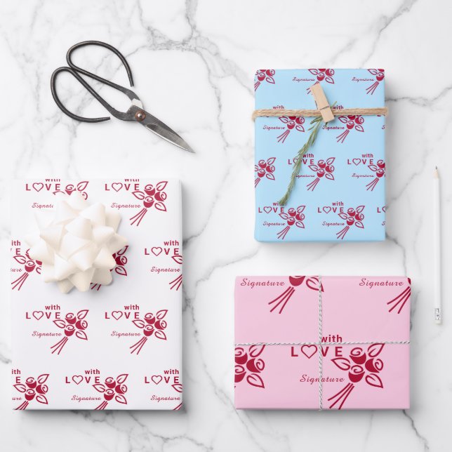 Personalized "With L❤️VE" Red Roses Wrapping Paper Sheets (Front)