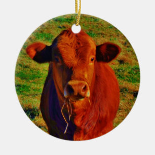 Personalized with name BABY BROWN COW EATING Ceramic Ornament