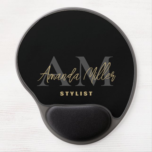 Personalized With Name Black Gold Modern Monogram Gel Mouse Pad (Front)