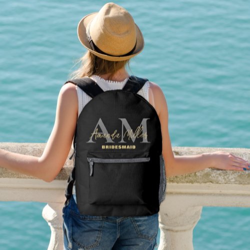 Personalized With Name Black Gold Modern Monogram Printed Backpack