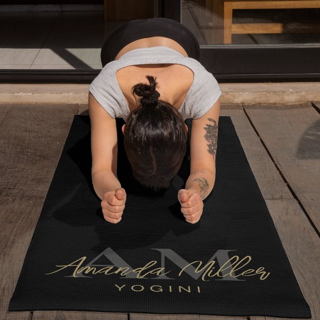Personalized With Name Black Gold Modern Monogram Yoga Mat (Creator Uploaded)