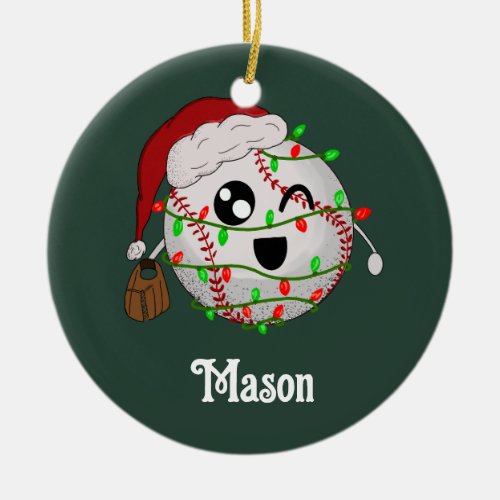 Personalized With Name Christmas Lights Baseball Ceramic Ornament