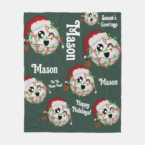 Personalized With Name Christmas Lights Baseball Fleece Blanket