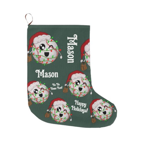 Personalized With Name Christmas Lights Baseball Large Christmas Stocking