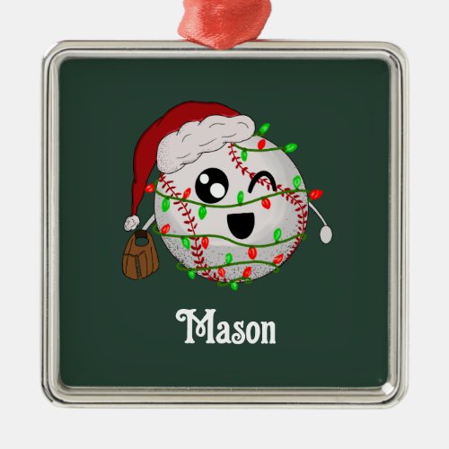 Personalized With Name Christmas Lights Baseball Metal Ornament