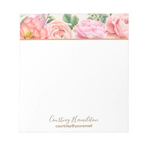 Personalized with Name Floral Pink Roses Notepad