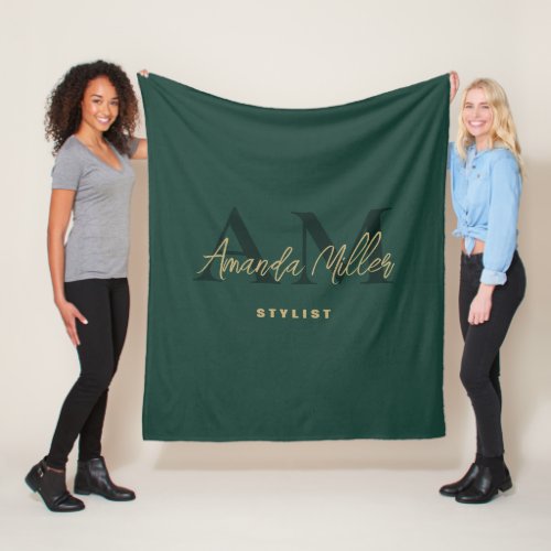 Personalized With Name Green Gold Modern Monogram Fleece Blanket