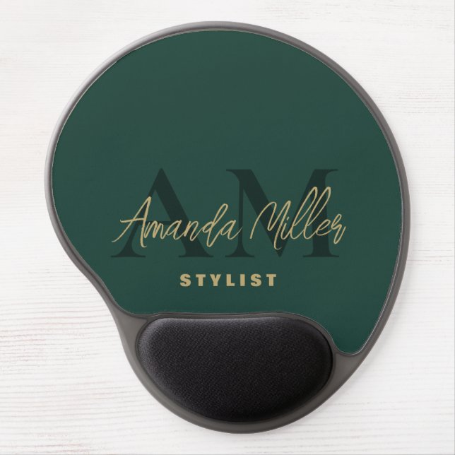 Personalized With Name Green Gold Modern Monogram Gel Mouse Pad (Front)
