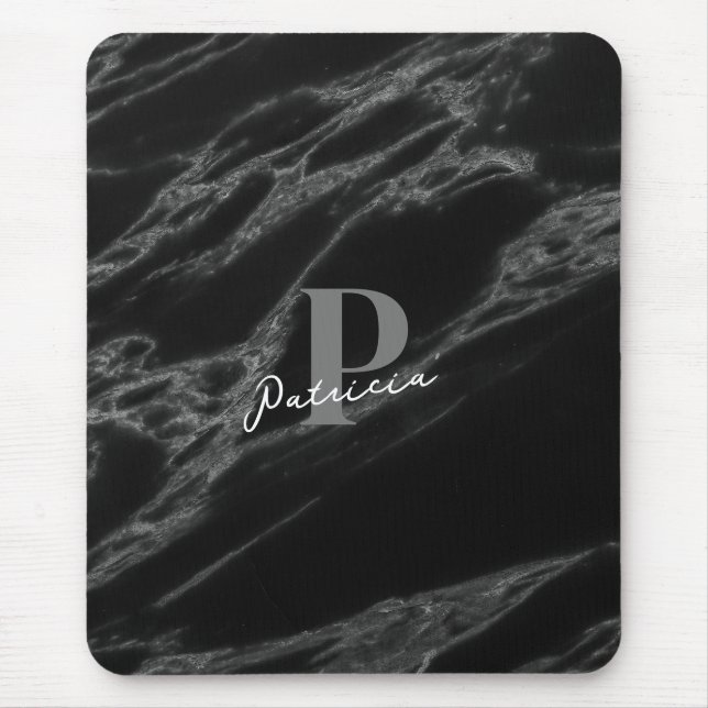 Personalized with Name Initial Marble Black  Mouse Pad (Front)