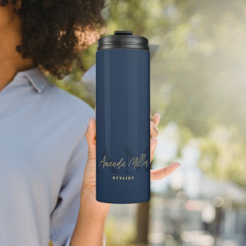 Personalized With Name Navy Blue Gold Monogram Thermal Tumbler