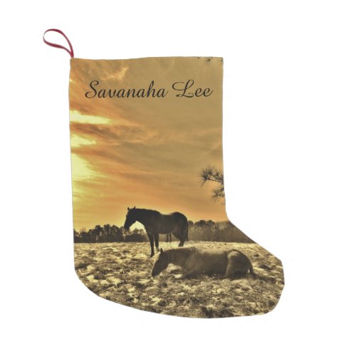 Personalized with name Sunset horses in snow Small Christmas Stocking