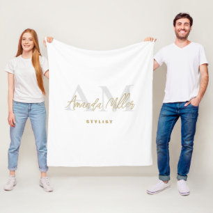 Personalized With Name White Gold Modern Monogram Fleece Blanket