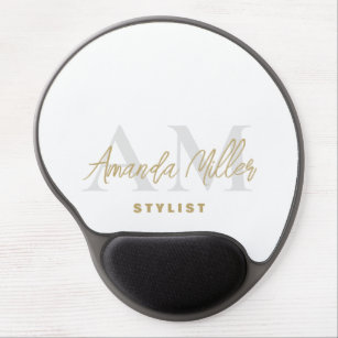 Personalized With Name White Gold Modern Monogram Gel Mouse Pad