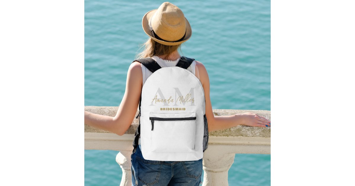 Personalized With Name White Gold Modern Monogram Printed Backpack | Zazzle