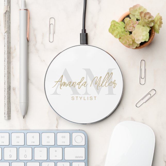 Personalized With Name White Gold Modern Monogram Wireless Charger (Desk)