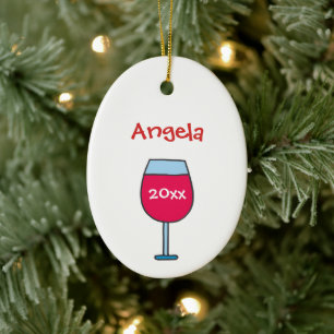 Personalized with Name Year Red Wine Glass Ceramic Ornament
