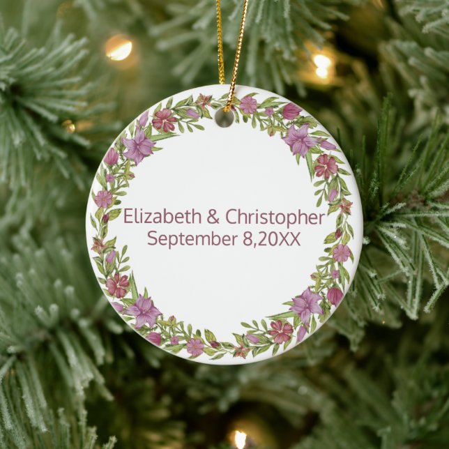 Personalized with Names and Wedding Date Floral Ceramic Ornament (Tree)