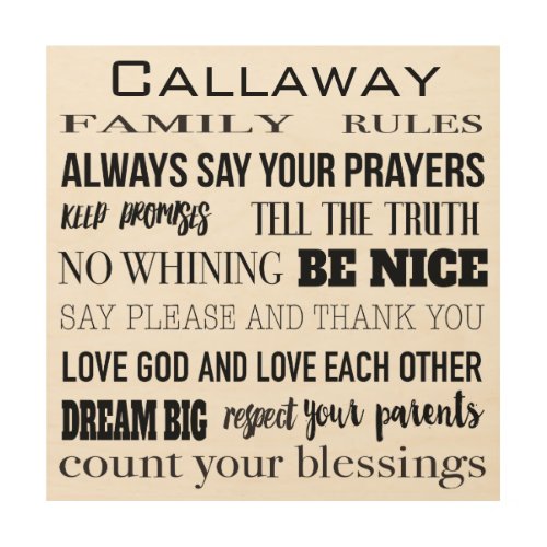 Personalized with your Family Name Family Rules Wood Wall Art