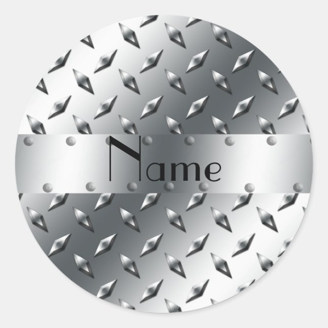 Personalized with your name diamond plate steel classic round sticker (Front)