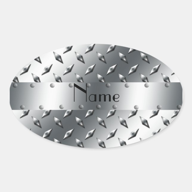Personalized with your name diamond plate steel oval sticker (Front)