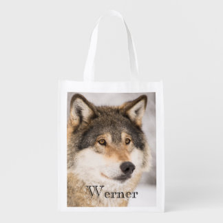 Personalized wolf face winter forest grocery bag
