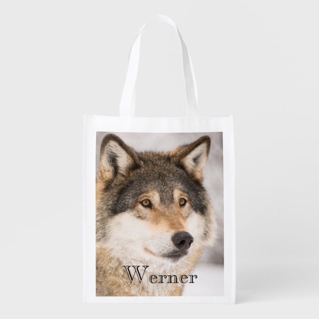 Personalized wolf face winter forest grocery bag (Front)