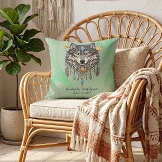 Personalized Wolf Spirit Sage Green Boho Throw Pillow