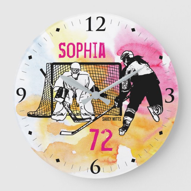 Personalized Women's Hockey Ink Sketch Name Number Large Clock (Front)