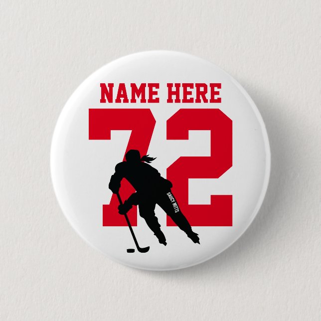 Personalized Women's Hockey Player Name Number Red Button (Front)