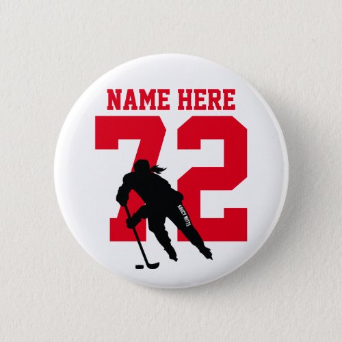 Personalized Womens Hockey Player Name Number Red Button