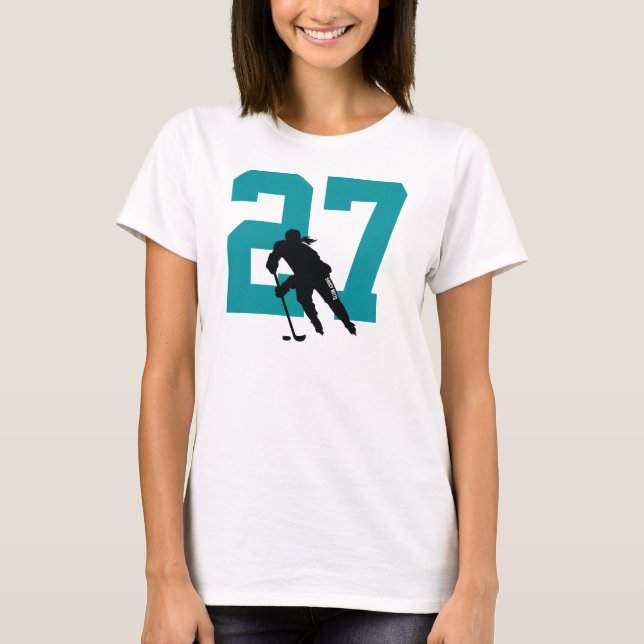 Personalized Women's Hockey Player Number Teal T-Shirt (Front)