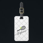Personalized Womens Tennis Monogram Luggage Tag<br><div class="desc">White and black and gray personalized tennis luggage tag travel ID with a tennis racket monogram in an elegant and cute and feminine calligraphy script font with a subtle net pattern background.</div>