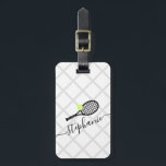 Personalized Womens Tennis Monogram Luggage Tag<br><div class="desc">White and black and gray personalized tennis luggage tag travel ID with a tennis racket monogram in an elegant and cute and feminine calligraphy script font with a subtle net pattern background.</div>