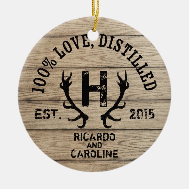 Personalized Wood Bourbon Barrel Wedding Monogram Ceramic Ornament (Front)
