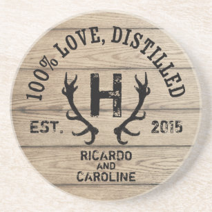 Personalized Wood Bourbon Barrel Wedding Monogram Coaster
